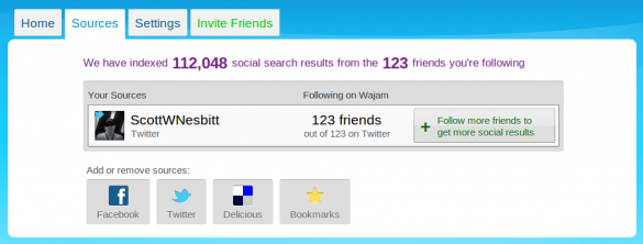 Wajam Sources tab Wajam Sources tab